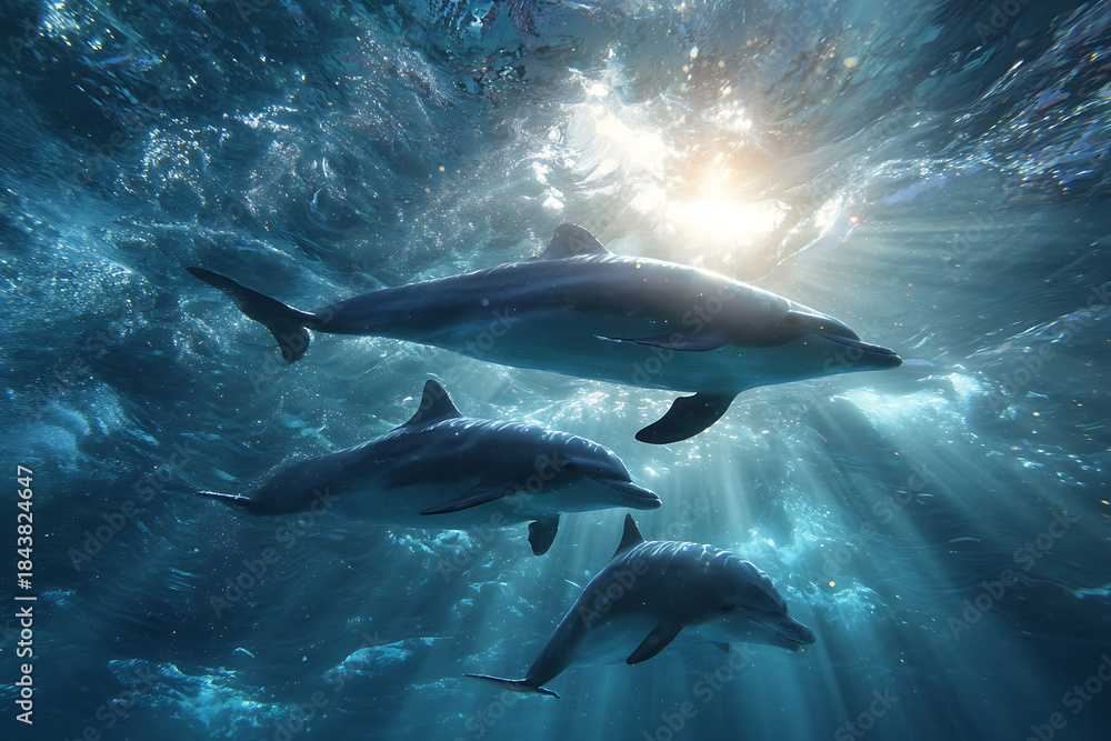 Obraz premium A Serene Pod of Three Dolphins Gliding Through Ethereal Underwater Sunbeams