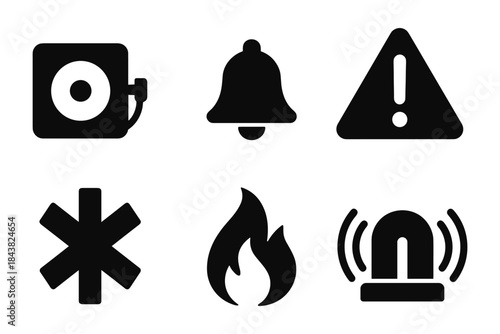 Emergency and safety icons: fire extinguisher, bell, warning, asterisk, flame, siren