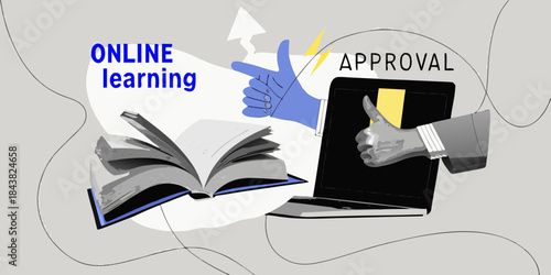 Online learning and approval a digital education concept with thumbs up