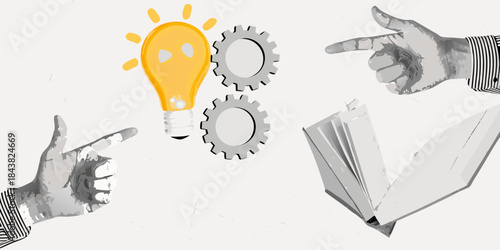 Innovation concept ideas gears hands pointing and an open book illustrated