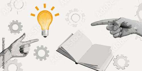 A bright idea hand pointing at a glowing lightbulb and open book