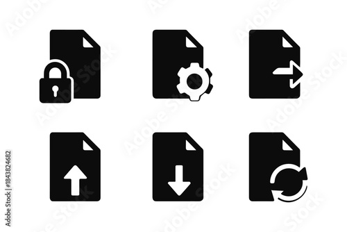 File management icons set: security, settings, sync, upload, download, update