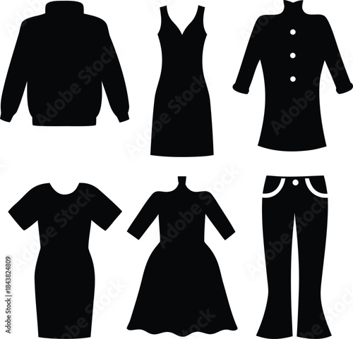 Diverse collection of essential fashion apparel silhouettes for modern wardrobe and textile concepts