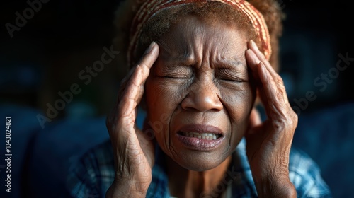 An elderly woman expresses discomfort, holding her head in distress, highlighting the struggles of health issues often faced in later years of life. Emotions of pain resonate.