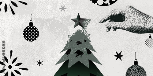 Festive holiday elements christmas tree ornaments and hands in dotted style