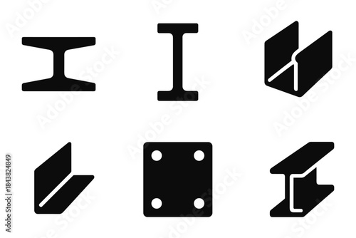 Industrial steel icon set: i-beam, angle, channel, plate - bold silhouette