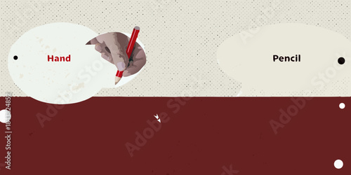 A hand holding a red pencil near two blank speech bubbles