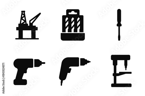 Industrial tool set icons featuring silhouettes of drills, screwdrivers, and oil platforms