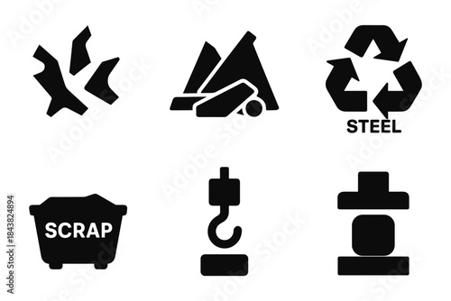 Industrial recycling icons: scrap, hook, and steel symbols in bold silhouette design