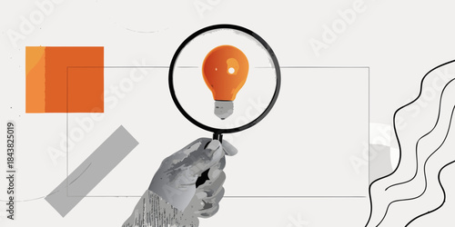 A hand holding a magnifying glass over a glowing light bulb illustration