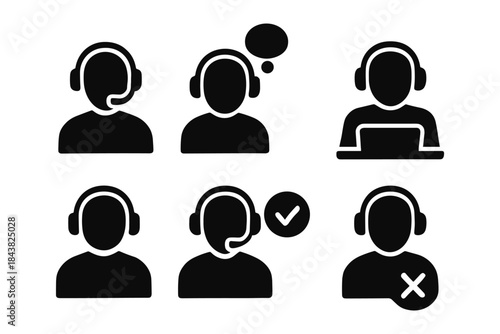Customer service icons: silhouette headset professionals and laptop communication