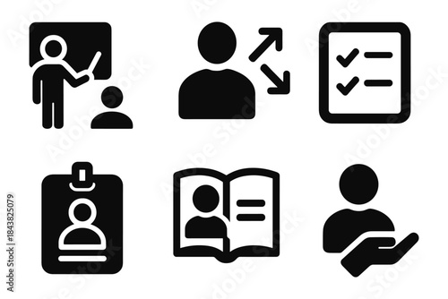 Education and communication icons: teacher, learning, profile, and interaction symbols