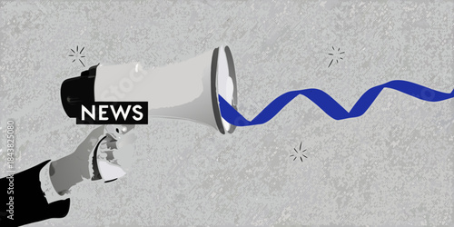 A hand holding a megaphone with the word news and a blue sound wave