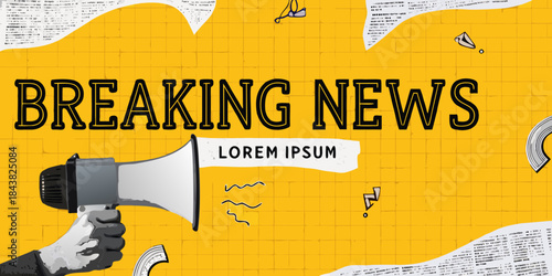 Breaking news announcement with a megaphone and scattered newspaper clippings design