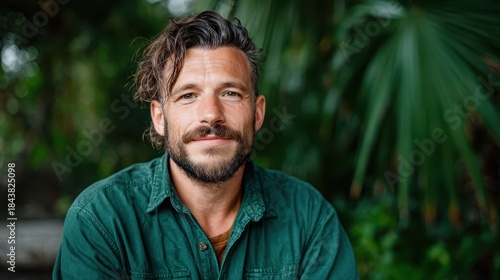 A handsome casual man with a beard smiling confidently outdoors, surrounded by lush greenery, illustrating a relaxed, natural demeanor and enthusiasm for nature and life.