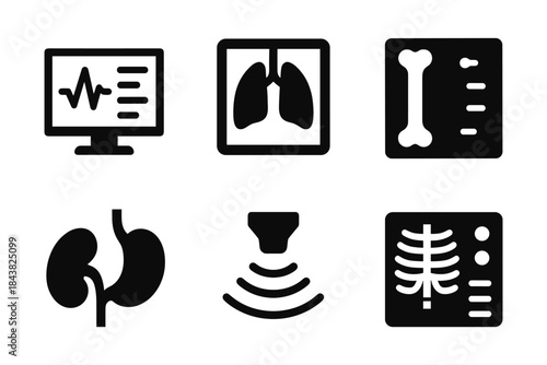 Medical diagnostic icons: heartbeat, lungs, bones, kidney, ultrasound, x-ray