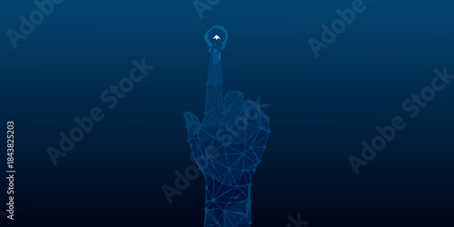Futuristic robotic hand pointing upwards in a digital blue network style