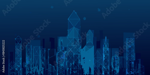 Abstract polygonal cityscape with a futuristic blue tone and glowing highlights