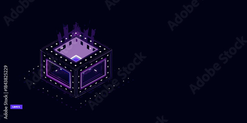 Isometric glowing cube with purple light floating in a dark void space