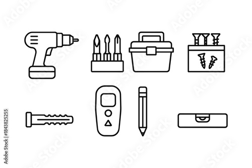 Set of linear diy tools icons: drill, screwdrivers, toolbox, screws, and more