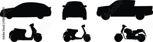 Minimalist black and white vehicle icons set with cars trucks scooters motorcycles silhouettes line art transportation collection illustration