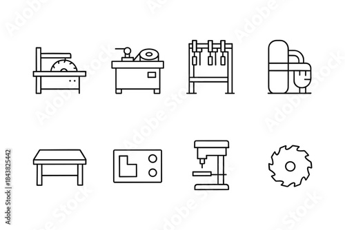 Minimalist linear icons of workshop tools and equipment for woodworking enthusiasts