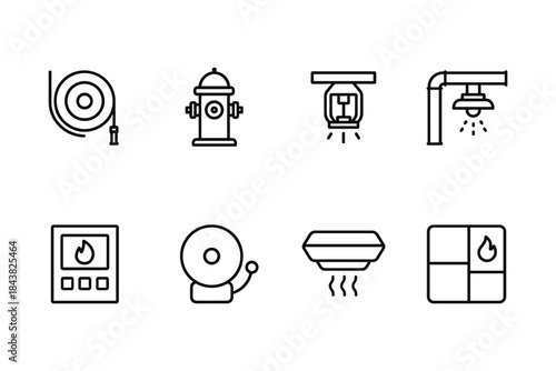 Fire safety line icons set: hydrant, alarm, sprinkler, extinguisher hose, sensor