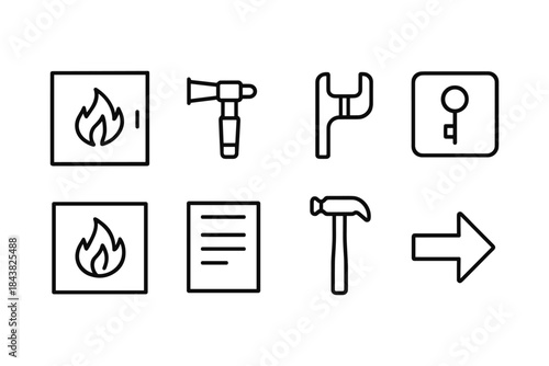 Minimalist linear icons for fire safety tools and directional signs