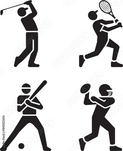 "Set of Four Minimalist Vector Sport Icons - Golf, Tennis, Baseball, and American Football"