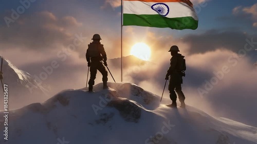 Indian Soldiers Standing Proudly on Snow-Covered Himalayan Peak at Sunrise with Indian Flag — Patriotic Cinematic 4K Video