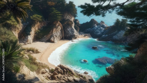 Coastal beach scene with turquoise water and towering cliffs