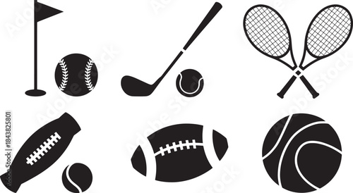 "Set of Four Minimalist Vector Sport Icons - Golf, Tennis, Baseball, and American Football"