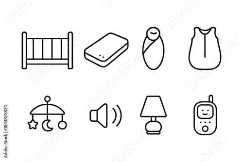 Minimalist baby essentials icons: crib, monitor, swaddle, and more