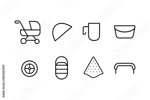 Minimalist baby essentials icons: pram, bib, mug, bowl, wheel, swaddle, blanket, chair