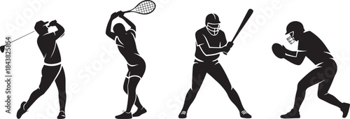 "Set of Four Minimalist Vector Sport Icons - Golf, Tennis, Baseball, and American Football"