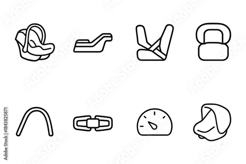 Car seat safety icons: minimalistic line art of baby seats and accessories