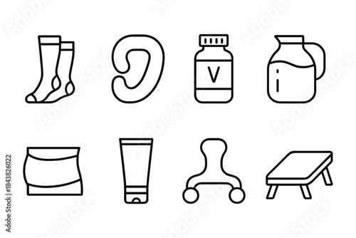 Minimalist icons of everyday essentials including socks, ear, vitamin bottle, jug, waistband, tube, massager, and step stool