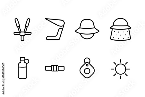 Simple line icons of outdoor gear and essentials