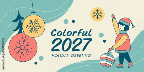Colorful 2027 Holiday Greeting – Festive Illustration with Character, Ornaments, Evergreen Tree and Snowflake Motifs in Soft Pastel Tones – Modern Christmas and New Year Artwork for Seasonal Branding 
