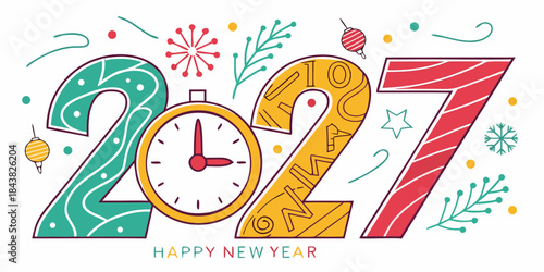 2027 Happy New Year – Colorful Festive Illustration with Countdown Clock, Fireworks, Stars and Decorative Digits – Modern Holiday Artwork for Seasonal Branding, Cards and Digital Prints