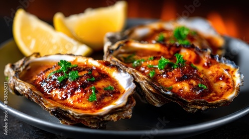 A delectable plate of baked oysters garnished with herbs and served with fresh lemon wedges, perfectly presented to evoke desire and the joy of culinary indulgence.