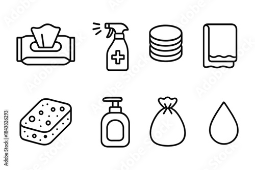 Household cleaning essentials icons set in simple linear style