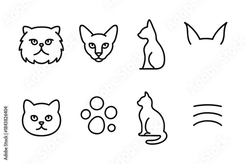 Minimalist cat icons set: simple line art illustrations of various cat poses and faces