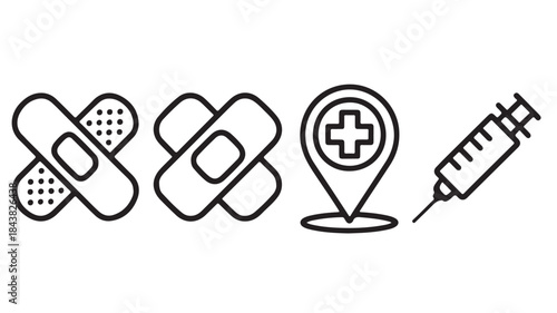 Medical Icons Set with Band Aids, Location Pin and Syringe