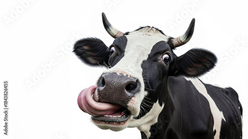 Funny mad cow isolated on white background licking nose with tongue, copy-space