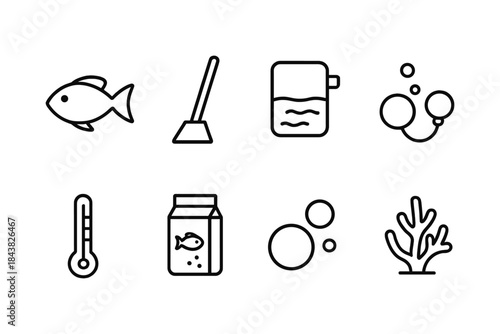 Aquarium essentials: line icons of fish, coral, and equipment for marine enthusiasts