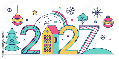2027 Holiday Greeting – Colorful Decorative Digits with House Motif, Ornaments, Snowflakes and Christmas Elements – Modern Festive New Year Illustration for Seasonal Branding, Cards and Prints