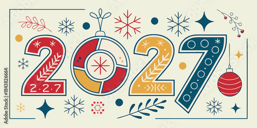 2027 Holiday Greeting – Colorful Decorative Digits with Leaves, Snowflakes, Stars and Ornaments – Modern Festive New Year Illustration for Seasonal Branding, Cards and Digital Prints