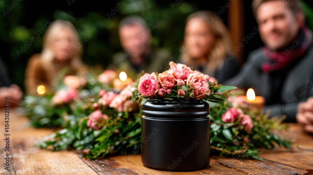 Obraz premium A poignant image capturing a memorial setting adorned with flowers and candles, reflecting themes of remembrance, loss, and the support of friends and family in difficult times.