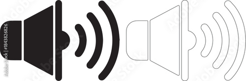 Black and white illustration of a speaker and sound waves